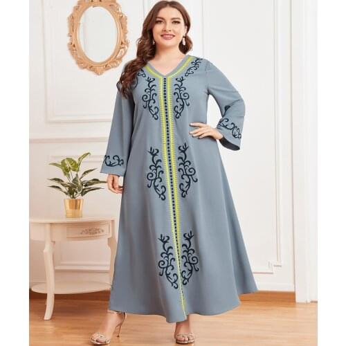 Aligaia Plus Size Ethnic Embroidery Dress For Women 2021 New Ramadan Eid Mubarak Dresses Dubai Kaftan Turkey Islam Muslim Dress