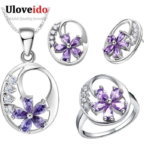 Almei Fashion Flower Blue /Purple Crystal Rhinestone Lady Jewellery Silver Color Jewelry Sets for Women Wedding Gifts T270