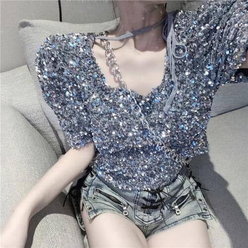 Summer Sequin Slim Square Collar Shirts Beading Chiffon Blouses Short Puff Sleeve Women Hedging High Waist Shiny Club Crop Tops