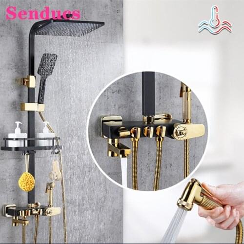 Senducs Bathroom Shower System ABS Rainfall Shower Head Quality Brass Bathroom Mixer Taps Black Gold Thermostatic Shower Set