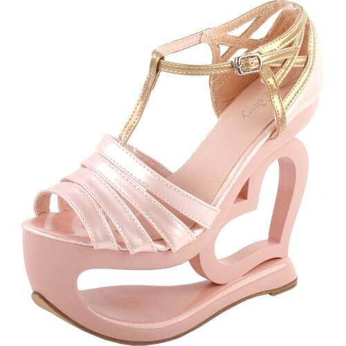 LF40212 Show Story Elegant Baby Pink T-Strap Heart Heel Wedge Bridesmaid Wedding Sandals