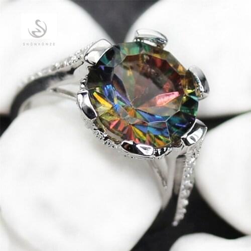 Fleure Esme Rainbow White Square Mystic Stone Woman Rings luxurious Women Jewelry Accessories Gifts Rhodium Plated R783 size 8