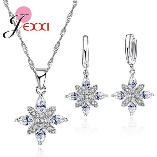 Cubic Zirconia Bridal Jewelry Sets 925 Sterling Silver Flower CZ Necklace Earrings Wedding Party Accessories Fast Shipping