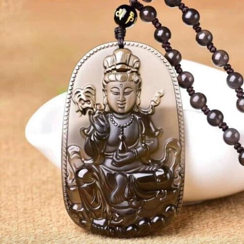 Ice Black Natural Obsidian Stone Pendant Carved Ruyi Guanyin Buddha Pendant With Chain Necklace Crystal Bless Fashion Jewelry