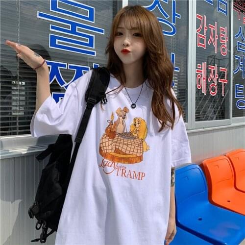 Summer college style cartoon print half-sleeved mid-length loose round neck T-shirt simple and versatile casual women