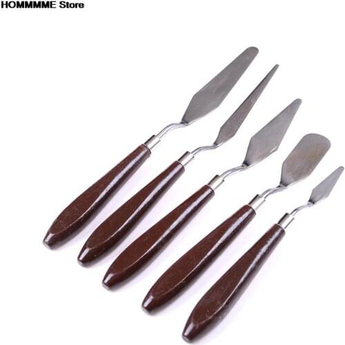 New 5Pcs Mixed Stainless Steel Palette Scraper Spatula Knives Painting Knife Blade Wooden Handle For pottery & ceramics tools
