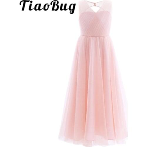 TiaoBug 2020 Girls Pleated Mesh Cutout Back Flower Girl Dress Floor-Length Splice Shoulder Straps Sleeveless Wedding Party Dress