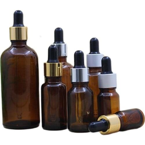 Empty Brown Glass Refillable Bottle Black Rubber Pipet Gold Silver Ring Essential Oil Dropper Vial 5ml 10ml 20ml 30ml 50ml 100ml