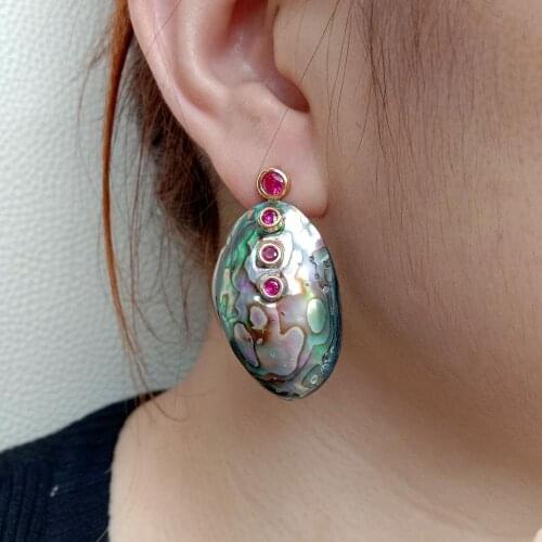 YYGEM Natural Paua Abalone Shell Red Cubic Zirconia pave Stud Earrings Cute style for women