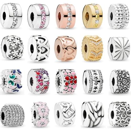 925 Sterling Silver Clip Charm with CZ Flower Love Heart Stopper Beads Fit Pandora Original Charms Bracelet Silver 925 Jewelry