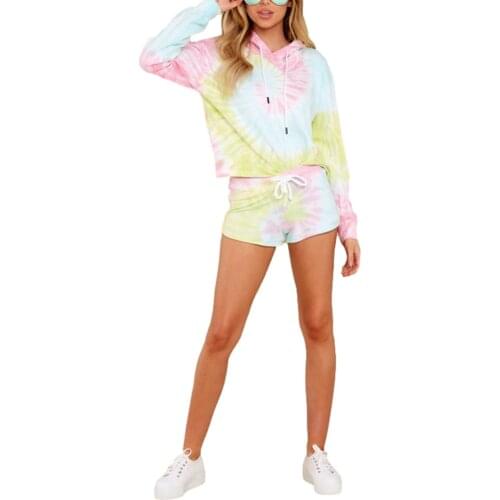 2 Pieces Of Womens Sportswear Tie Dyed Hooded Long Sleeved Sweatshirt + Girls' Elastic Waist Shorts Casual