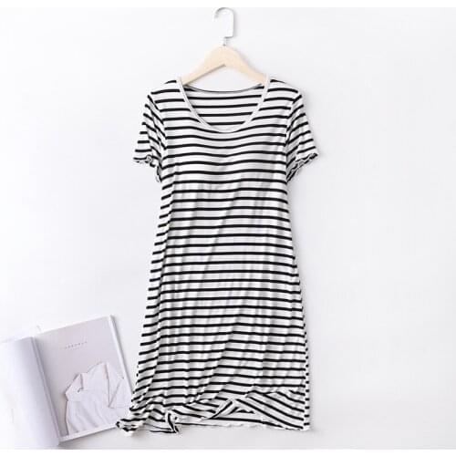 Women Stripe Modal Nightgown Large Size M-XXL Nightdress With Bra Ruffles Sleepshirt Skirt Summer Lingerie Loose Home Dress