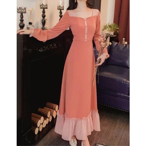 French Square Collar Retro Long Sleeved Dress Women Spring 2021 Vestidos Pink Dress Ruffled Mid-Length Elegant Temperament Dress