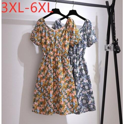 New 2021 Ladies Summer Plus Size Midi Dress For Women Large Short sleeve Loose Yellow Floral Print Dress 3XL 4XL 5XL 6XL 7XL