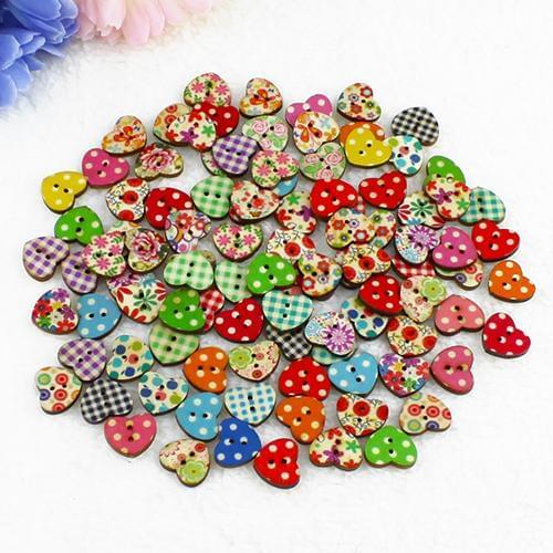 100 Multicolor Heart Shaped 2 Holes Wood Sewing Buttons Scrapbooking Knopf Bouton Christmas Gift Drop Shipping
