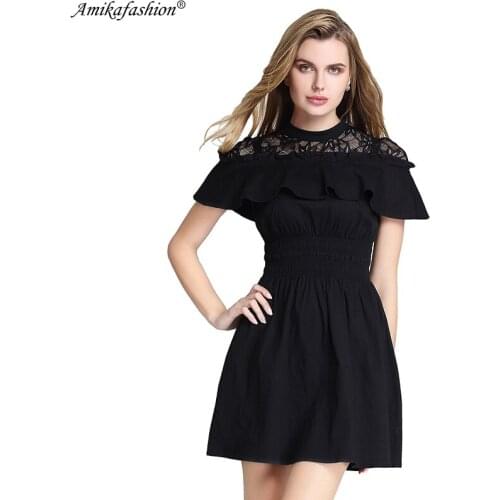 Amikafashion Summer 2019 Sexy Lace Hollow Out Ruffles Women Casual Beach Party Club Vestidos Short Mini Dress