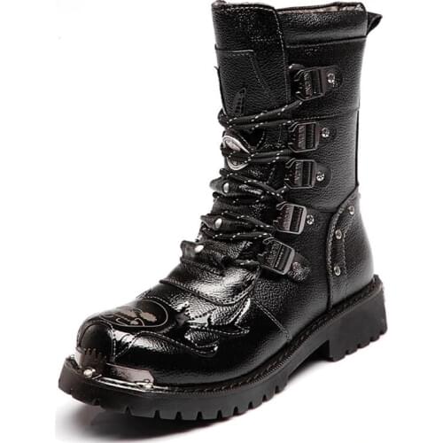 Mens Metal Gothic Mid-Calf Boots Punk Retro Leather Motorcycle Boots Male ShoesArmy Boots Men Military Boots Cowboy Snow Boots