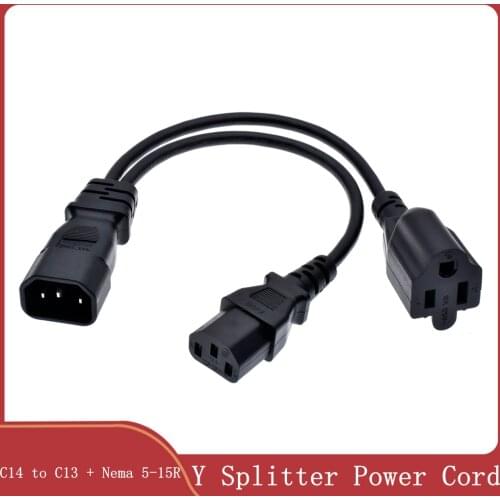 Power Y Type Splitter Adapter Cable Single IEC 320 C14 Male to C13 + Nema 5-15R Female Short Cord for Computer host display
