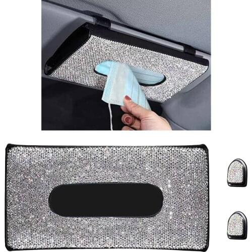 Car Tissue Holder PU Leather Sun Visor Napkin Box 24x14cm Backrest Crystals Shining Clips Hook