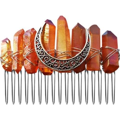 Gradient Rainbow Faux Raw Crystal Hair Comb Angel Aura Bridal Wedding Hairpin Jewelry Alloy Moon Boho Tiara Crown Stick C1FE