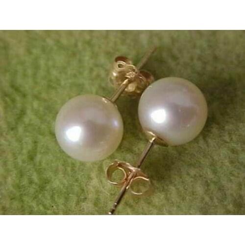 PERFECT HUGE AAA 7-8 mm south sea white pearl earrings 14K /20 YELLOW GOLD