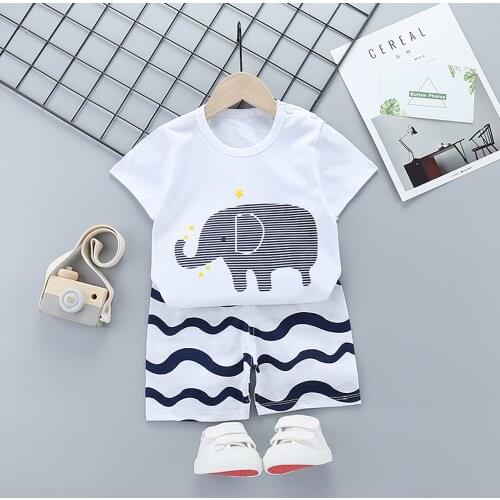 Summer Children Kids Clothes Set Cartoon Elephant Animal Print Outfits Toddler Baby Boys Short Sleeve T-shirt Top Shorts Sets