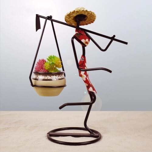 Creative wrought iron flower stand potted plant flower stand pastoral ethnic girl home decoration ornament candle holder