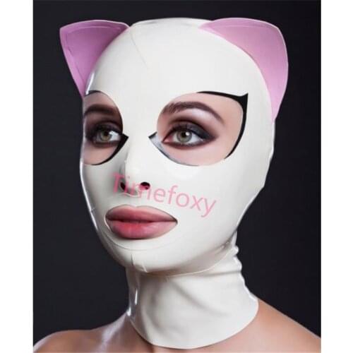 Sexy cat hood Latex mask fetish latex hood with Zip on Back latex mask bandage Costumes Accessories for Party halloween