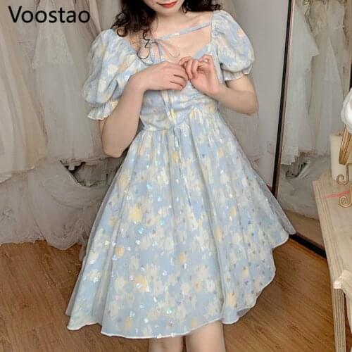 Sweet Lolita Style Fairy Dresses Women Harajuku Cute Heart Shape Blue Tulle Chiffon Dress Girly Puff Sleeve Party Mini Dress