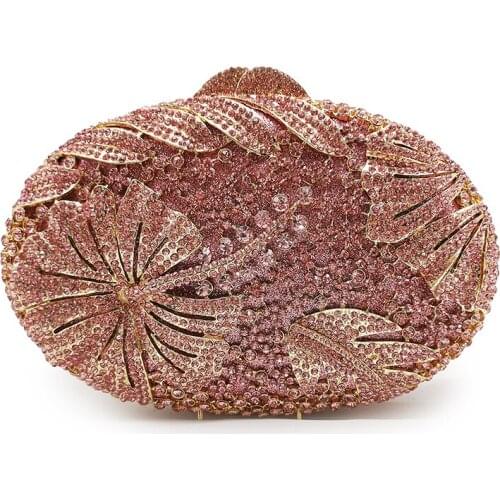 Fashion Gold Metal Pink Rhinestone Crystal Evening Purse Women Diamond Oval-Shape Wedding Clutches Party Prom Shoulder Purses