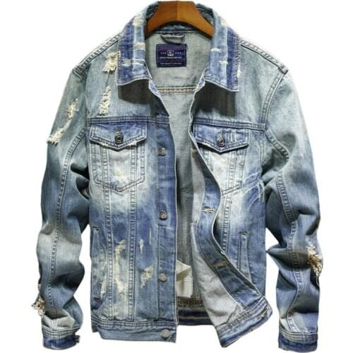 New Retro Ripped Destroy Denim Jackets Men Cowboy Slim Fit Bomber Jacket Mens Jean Jacket Hip Hop Streetwear Coats 4XL