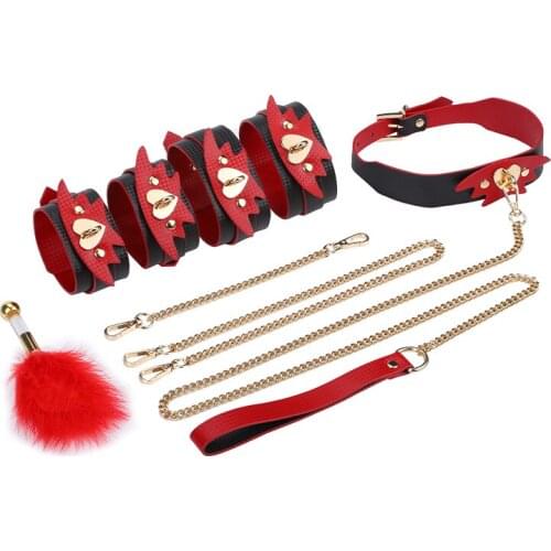 SM Set Bondage Restraint Kit 4 PC Collar Chain Handcuff Anker Cuff Adult Couple Games Fuzzy Feather for Sex