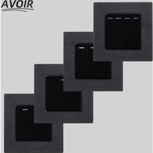 Avoir Wall Light Switch Aluminum Brushed Push Button Switches Black Panel 1 2 3 4Gang 1 2 Way Rocker Switch 86mm x 86mm 220V 16A