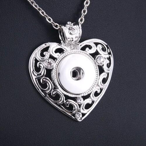 New White Rhinestone Snap Button Necklaces Link Chain 60CM With Heart Pendant Fit 18/20MM Snap Button Jewelry 9893