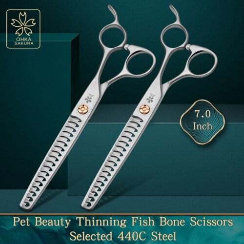 Pet hairdressing scissors 7.0 inch fish bone scissors four eye gold screw domestic 440C Teddy dog shaving and Thinning Scissors