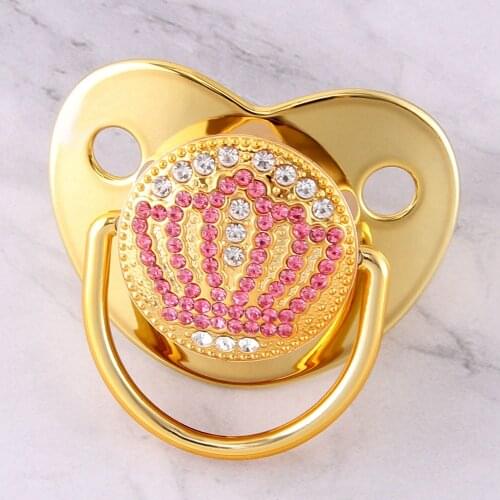 Luxury Bling Rhinestone Gold Baby Pacifier Newborn Infant Pink Crown Silicone Orthodontic Nipple Sleep Soother