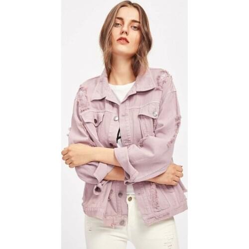 JHBeute Summer Long-Sleeved Denim Jacket Female Paragraph Dilapidated Hole Y2K Long Jackets Pink Jeans Jacket for Woman Casual