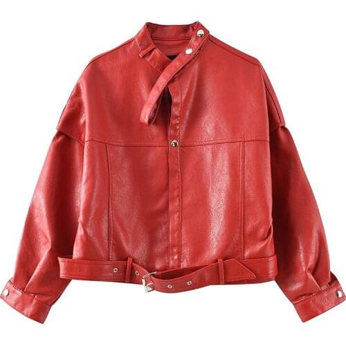 Beige Black Short Stand collar Faux PU Leather Coat With Belt Loose 2021 Spring Autumn Female Casual Plus size Biker Jacket