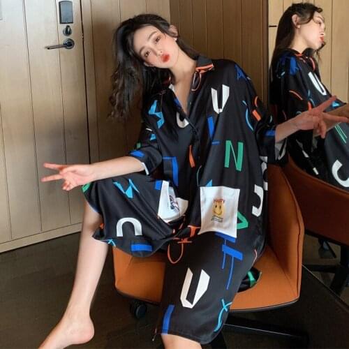 Sleeping skirt women ice silk summer new short-sleeved cardigan fashion casual large-size home clothing silk