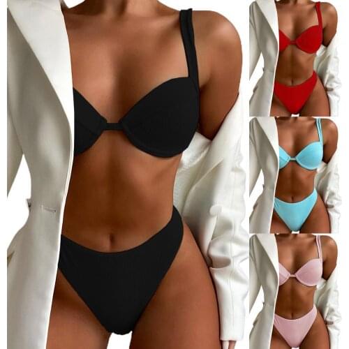 Women Swimsuit Push Up Solid Color Underwire Ribbing Bra High Waist Briefs Bikini Set Bathing Suit Beachwear for Swimming Pool