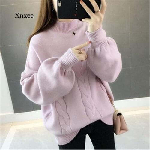 Korean Winter Women Sweater Half Turtleneck Lantern Sleeve Knit Pullover Loose Plus Size 5XL Fashion Jumper Tops 2020 Pull