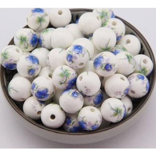 10Pcs/lot 8mm 10mm 12mm 14mm Round Ceramic Beads DIY Handmade Blue Flower Porcelain Bead Hole Beads For Jewelry Making