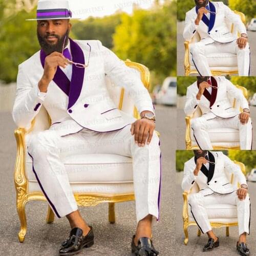 2020 Purple Velvet Shawl Lapel Suit Men White Wedding Groom Suits Double Breasted Costume Homme 2 Pieces Jacket with Pants Set