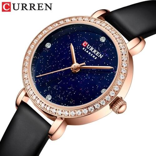 2021 CURREN Elegant Charming Thin Watches for Ladies Quartz Clcok Classic Leather Wristwatches with Rhinestone