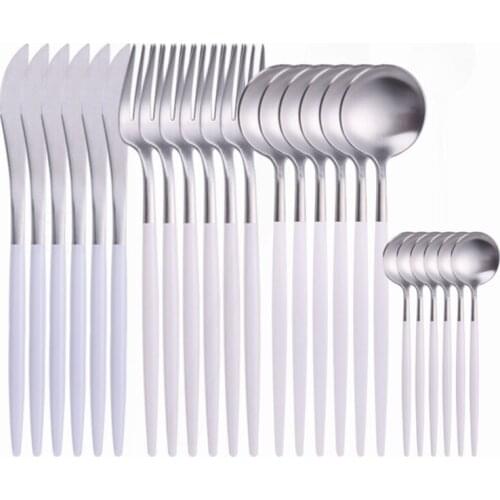 24pcs Set Stainless Steel Cutlery Set 18/10 Matte Dinnerware Klitchen Dinner Set Tableware Fork Knife Flatware Silver Spoon