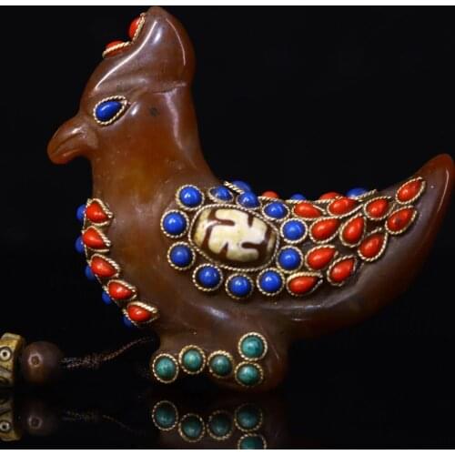 3" China Antiques Natural agate mosaic Gem Dzi Bead Chinese Zodiac Rooster Statue Little bird Handle Pendant