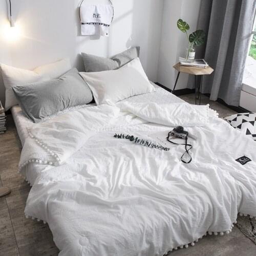 White Summer Air Condition Quilts Duvet with Little Pompons Bed Linens Washed Cotton Throw Blankets Solid Color Bedding Blue