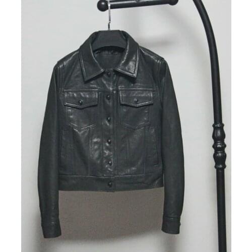 Free shipping.Classic style women slim leather jacket.fashion black tanned sheepskin coat.short leather clothes.quality