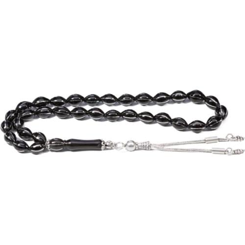 Black Natural Jet Stone Prayer Bead With Silver Inlay Men Rosary With Silver Tassel Islamic Tasbih With Grape Tassel