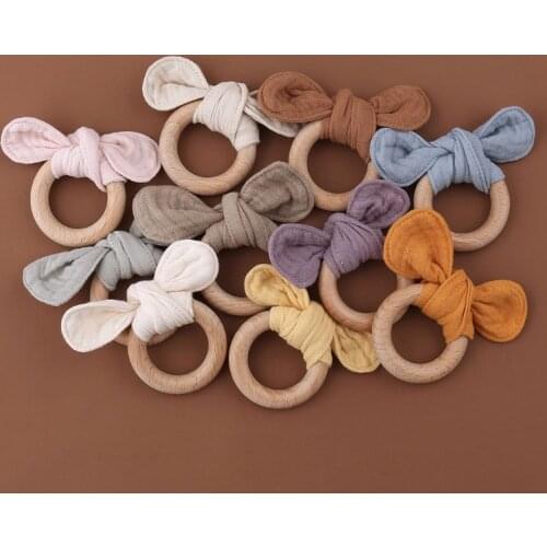 Baby Rabbit Ear Teether Safe Organic Wood Teething Ring Infant Nursing Training Montessori Toys Gift